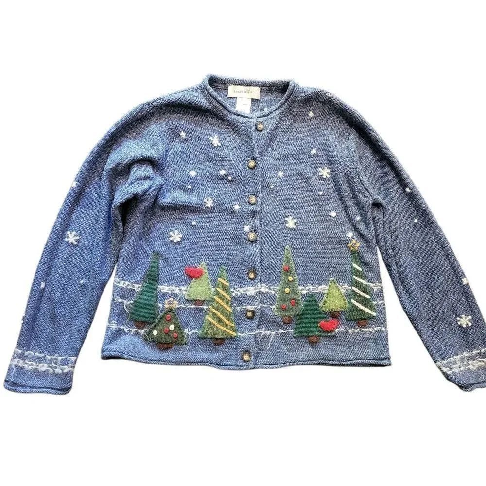 Vintage Y2K Sweater Women's Medium Christmas Tree Hand Embroidered Cardigan